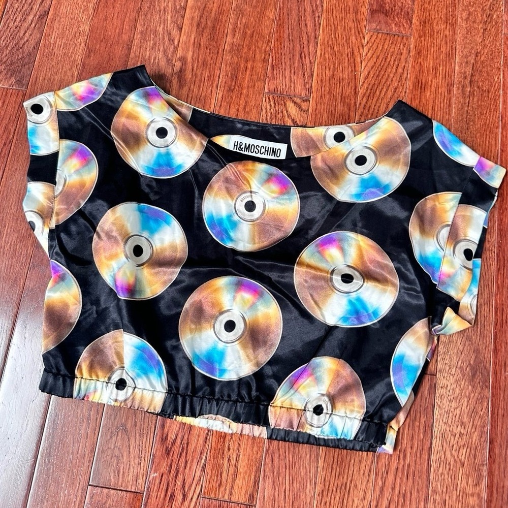 H&M x Moschino Black CD Disc Luxury Cotton Blend Crop Top - Picture 5 of 6